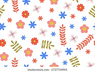 Bright floral seamless pattern. Abstract stylized blooming daisy flowers, leaf and petals. Simple geometric shapes. Abstract modern seamless pattern with flowers and leaves. Floral design. Contemporary art. Vector botanical illustration