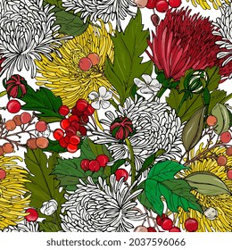 Bright floral seamless pattern. Autumn flowers of chrysanthemums, asters and berries. For fabric, packaging, wrapping