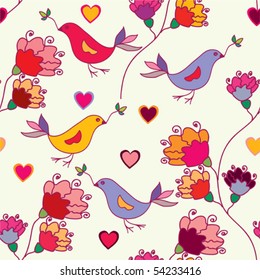 Bright floral seamless pattern with birds