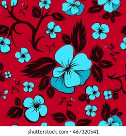Bright floral seamless pattern. Blue and red. Azure flowers. Floral Fabric. Vector illustration