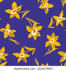 Patrón floral brillante sin costuras. Fondo botánico hecho de lindas flores silvestres. Motivo de verano con flores simples. Ilustración plana de moda. Adornamento para tejidos, tejidos, diseño de superficie.