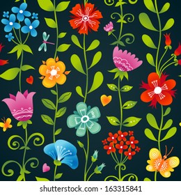 Bright floral seamless pattern with butterfly, dragonfly and hearts on dark background. It can be used for decorating of invitations, greeting cards and decoration for bags.