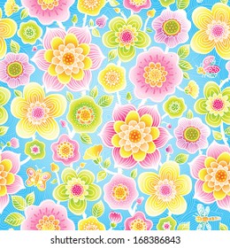Bright floral seamless pattern with butterfly, dragonfly on blue background. It can be used for decorating of invitations, cards, wallpaper, pattern fills, web page, surface textures and others.