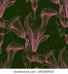 Bright floral seamless pattern with calla lilies flowers with leaves on background. Vector drawing for the design of fabrics, textiles, packaging, covers, wallpapers, websites.