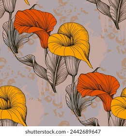 Patrón floral brillante sin fisuras con flores de azucenas con hojas en el fondo. Dibujo vectorial para el diseño de telas, textiles, envases, cubiertas, fondos de pantalla, sitios web.