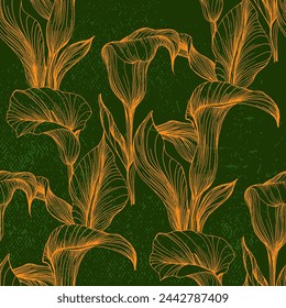 Bright floral seamless pattern with calla lilies flowers with leaves on background. Vector drawing for the design of fabrics, textiles, packaging, covers, wallpapers, websites.