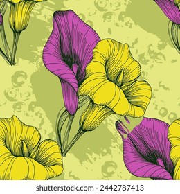 Helles florales nahtloses Muster mit Calla Lilien Blüten mit Blättern auf dem Hintergrund. Vektor-Zeichnung für die Gestaltung von Stoffen, Textilien, Verpackungen, Abdeckungen, Tapeten, Websites.