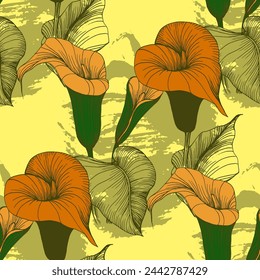 Bright floral seamless pattern with calla lilies flowers with leaves on background. Vector drawing for the design of fabrics, textiles, packaging, covers, wallpapers, websites.