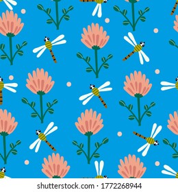 Bright floral seamless pattern with clover and dragonflies  in minimalistic style. Flower repeated texture for stylish fabric design or wrapping paper. 
