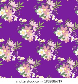 Bright floral seamless pattern. Colorful, painting on a purple background. Bouquet of flowers