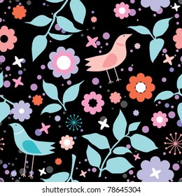 Bright floral seamless pattern with colorful flowers and birds
