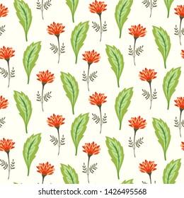 Bright floral seamless pattern with cute red flowers and fresh green leaves. Summer botanical texture with outline blossoms and herbs for textile, wrapping paper, background, surface, wallpaper
