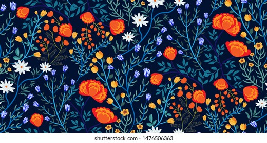 Bright floral seamless pattern with different kinds of flowers (marigolds, daisies, tulips...), leaves in hand-drawn style on a dark blue background. Template  for fabrics, Wallpapers, prints...Vector