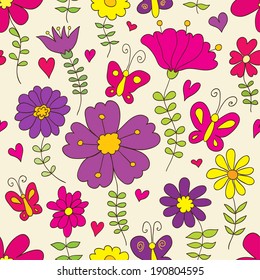 Bright floral seamless pattern. Doodle color flowers and butterfly on light background. Can be used for textile, wallpaper, scrapbooking.