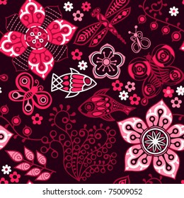 Bright floral seamless pattern, endless texture with flowers, leaf and fishes
