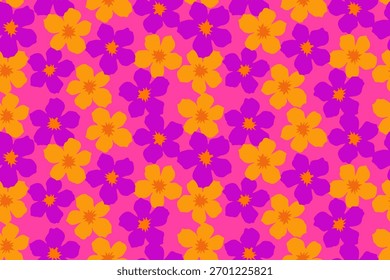 Bright floral seamless pattern featuring orange and purple flowers on a vivid pink background. Ideal for summer fashion, textiles, wallpapers, and creative prints.