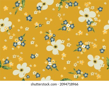Bright floral seamless pattern with field flowers on a yellow background. Vector drawing for design of textile, fabrics, wallpaper, web sites and other.