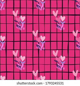 Luminoso patrón floral sin costuras con flores y corazones. Fondo rosado con cheque. Resumen de la impresión botánica. Ideal para envolver papel, textil, papel de tela y papel pintado. Ilustración vectorial.