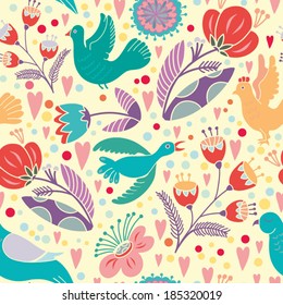 Bright Floral seamless pattern with flowers and birds.Gentle background.