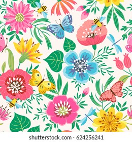 Bright floral seamless pattern with flowers, butterflies, bees and dragonflies.