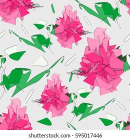 Bright floral seamless pattern with geometrical rose flowers on light gray background.