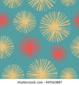 Bright floral seamless pattern with hand drawn dandelions. Vector Retro summer illustration in engraving style for cards, background, wrapping and design.  