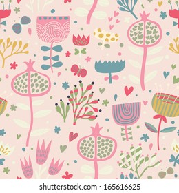 Bright floral seamless pattern with hearts and butterflies