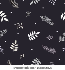 Bright floral seamless pattern. Light leaves, fir branches, berries and snow on dark violet background.
