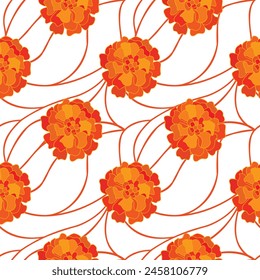 Bright floral seamless pattern of marigold flowers.Blooming buds on endless backdrop with wavy lines.Yellow and orange colors print on fabric and paper.Vector design for  packaging,textile,wallpaper.
