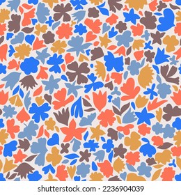 Bright floral seamless pattern. Multicolored brush strokes forming stylized blooming wild flower buds. All over print simple geometric shapes. Sketch drawing. Flower silhouettes.
