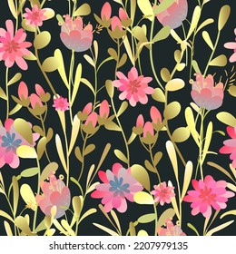 Bright floral seamless pattern in a naive style on a dark green background with flowers and petals.