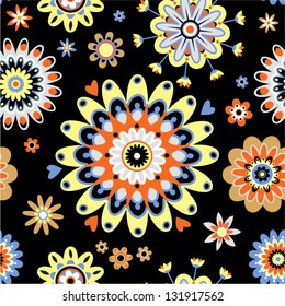 Bright floral seamless pattern on a black background