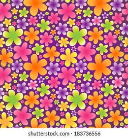 Bright floral seamless pattern on violet background. Vector backdrop. Endless wallpaper. Summer pattern fills. Simple flowers for web page design. Colorful surface textures.