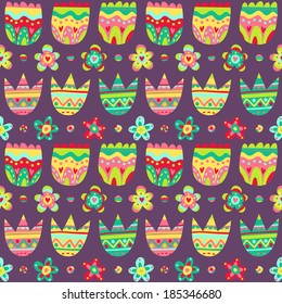 Bright floral seamless pattern on purple background