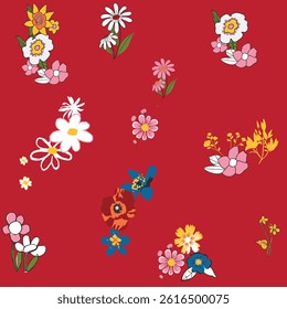 Bright Floral Seamless Pattern on Red Background for Fabric or Stationery Design