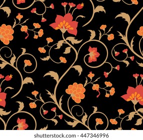 Bright floral seamless pattern on a black background. Vintage ornament.