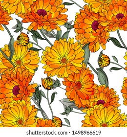 Bright floral seamless pattern with orange flowers calendula and green leaves on white background. For textile, wallpapers, print, greeting. Vector.