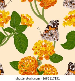 Bright floral seamless pattern with orange lantana flowers and butterfly. Summer tropical pattern. Stock vector illustration.