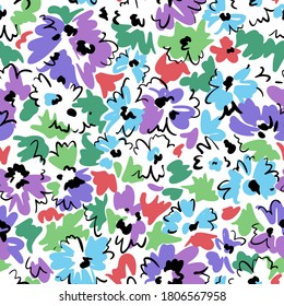 Bright Floral Seamless Pattern. Outline Contour Lines Forming Stylized Blooming Daisy Flowers. Simple Geometric Shapes As Curved Lines And Brush Strokes. Sketch Drawing. Flowers All Over Print.