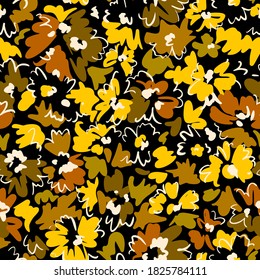 Bright floral seamless pattern. Outline contour lines forming stylized blooming daisy flowers. Simple geometric shapes as curved lines and brush strokes. Sketch drawing. Flowers all over print.