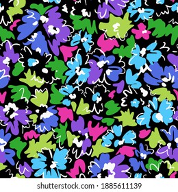 Bright floral seamless pattern. Outline contour lines forming stylized blooming daisy flowers. Simple geometric shapes as curved lines and brush strokes. Sketch drawing. Flowers all over print.