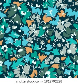 Bright floral seamless pattern. Outline contour lines forming stylized blooming daisy flowers. Simple geometric shapes as curved lines and brush strokes. Sketch drawing. Flowers all over print.