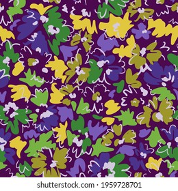 Bright floral seamless pattern. Outline contour lines forming stylized blooming daisy flowers. Simple geometric shapes as curved lines and brush strokes. Sketch drawing. Flowers all over print.