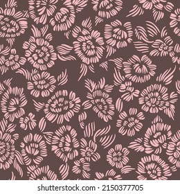 Bright floral seamless pattern. Outline drawing forming stylized blooming flower buds. Flat simple geometric shapes. Sketch drawing. Simple garden flowers all over print. Botanical background.