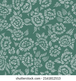 Bright floral seamless pattern. Outline drawing forming stylized blooming flower buds. Flat simple geometric shapes. Sketch drawing. Simple garden flowers all over print. Botanical background.