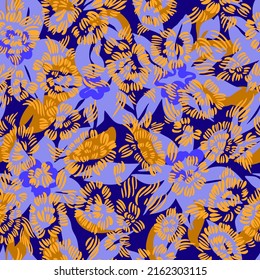 Bright floral seamless pattern. Outline drawing forming stylized blooming flower buds . Flat simple geometric shapes. Sketch drawing. Simple garden flowers overlay on large flower petals.