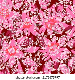 Patrón floral brillante sin costuras. Dibujo de esquema formando brotes de flores estilizadas en flor. Formas geométricas simples y planas. Dibujo de esbozo. Las flores del jardín son sencillas y se encuentran sobre grandes pétalos de flores.