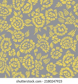 Bright floral seamless pattern. Outline drawing forming stylized blooming flower buds. Flat simple geometric shapes. Sketch drawing. Simple garden flowers all over print. Botanical background.