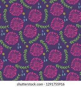 Bright floral seamless pattern with pink and yellow flowers and green leaves on dark purple background. Lovely floral texture with magenta blossoms for textile, wrapping paper, surface, wallpaper