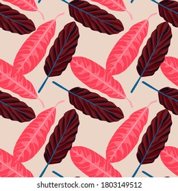 Patrón floral luminoso sin fisuras con hojas de color rosa y marrón. Fondo claro. Fondo floral simple. Excelente para papel de pared, textil, papel envolvente, impresión de tela. Ilustración vectorial.